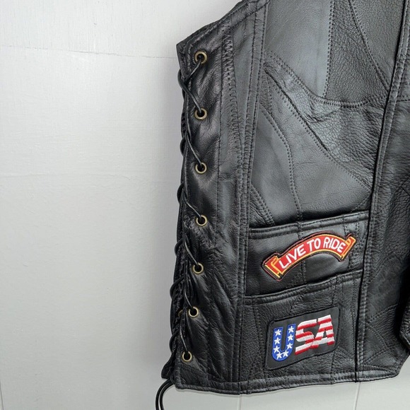 Diamond Plate Buffalo Leather Retro Black Biker Patch Motorcycle Vest Mens Sz L - Picture 7 of 16